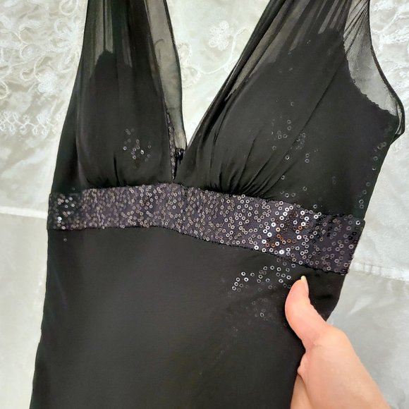 Black Sequin Evening Gown, Silk Chiffon Overlay, Aidan Mattox, 4 - Picture 5 of 17